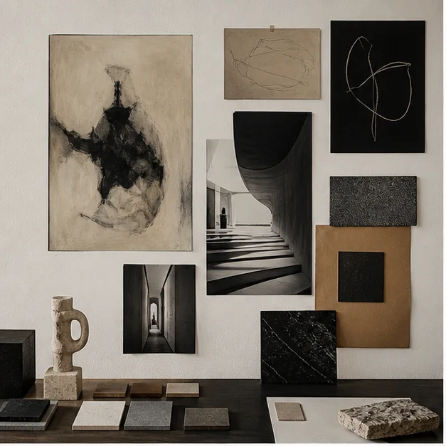 Editorial moodboard-style composition for art direction in an architectural project