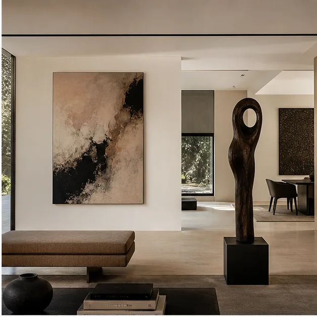 Several contemporary artworks arranged within one curated architectural environment