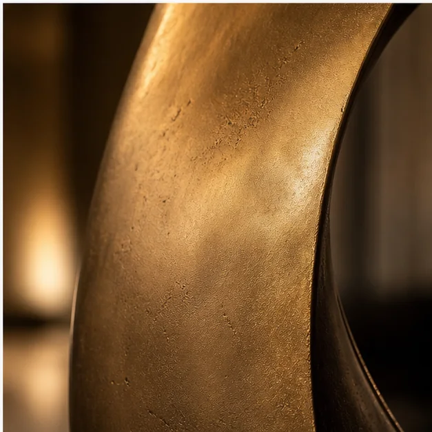 Close-up brass sculpture detail with warm architectural lighting