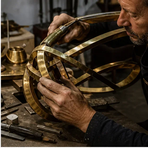 Brass sculpture installation and detailing close-up