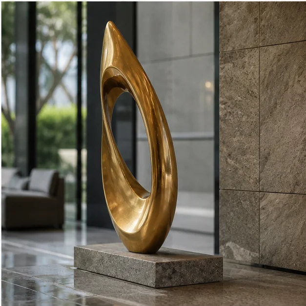 Brass sculpture detail paired with stone and glass architecture