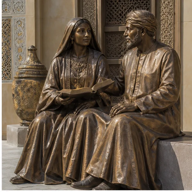 Detailed bronze figurative sculpture in a refined architectural setting