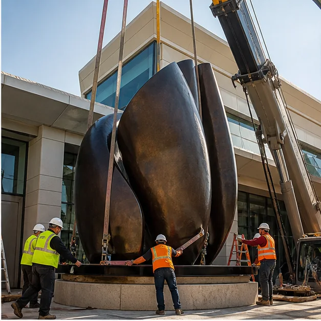 Professional installation of a large bronze sculpture with structural coordination