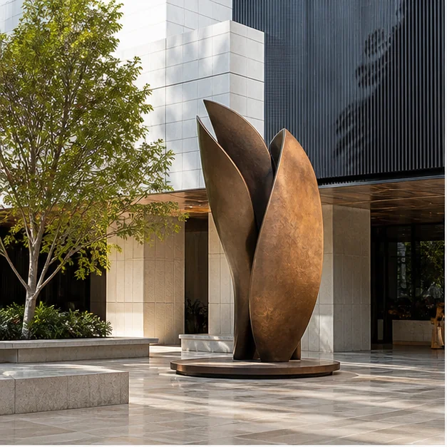Bronze sculpture integrated into stone, marble, and premium architectural landscaping
