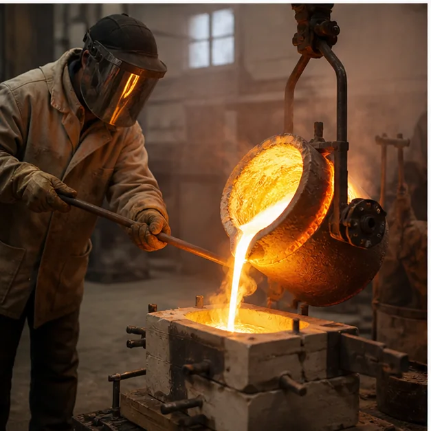 Bronze casting process in a professional foundry environment
