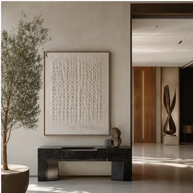 Minimal curated interior showing a meaningful relationship between artwork and space
