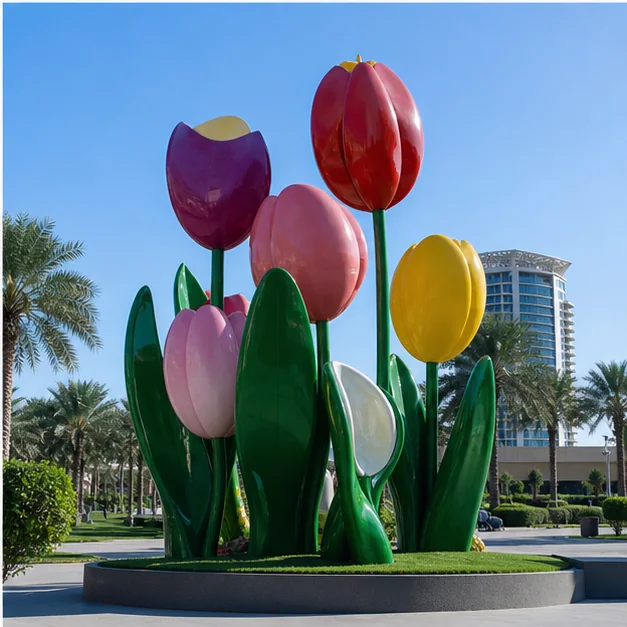 Outdoor fiberglass artwork in a landscaped public plaza