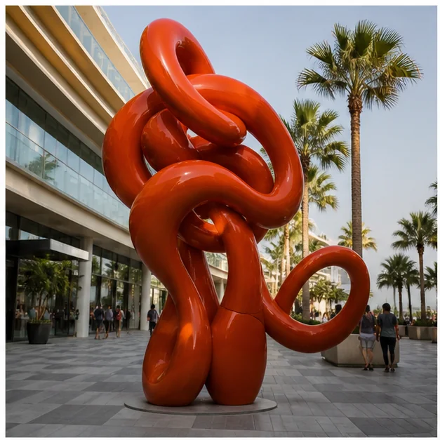 Large colorful fiberglass sculpture in a premium UAE commercial environment