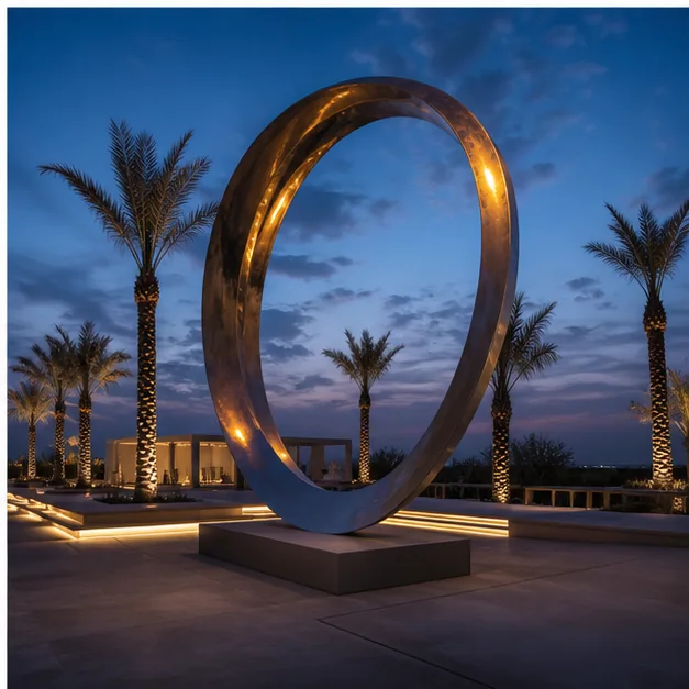 Dramatic outdoor sculpture in sophisticated evening light