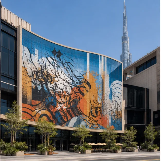 Commissioned street-art mural on a contemporary UAE building
