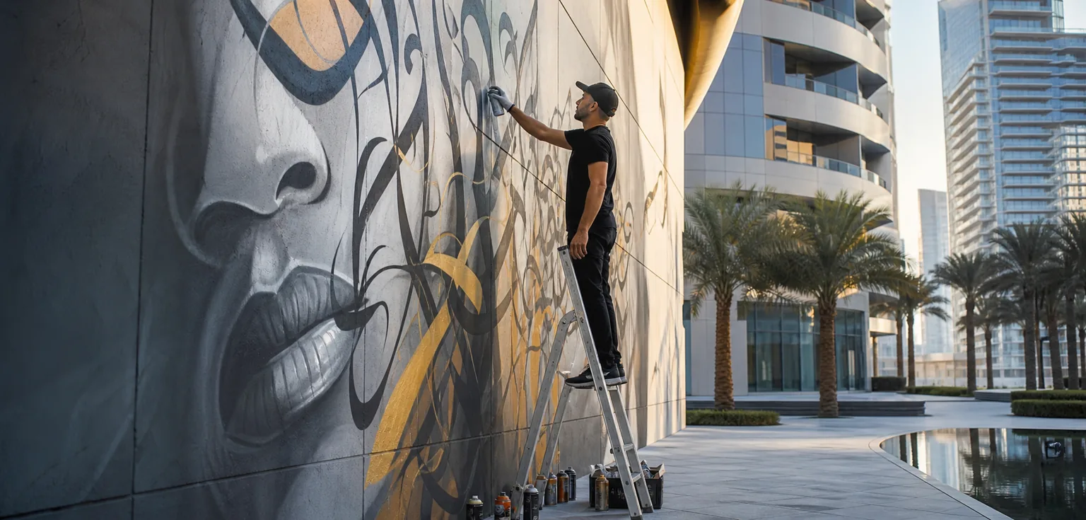 Professional artist creating large-scale street art in a contemporary UAE public setting