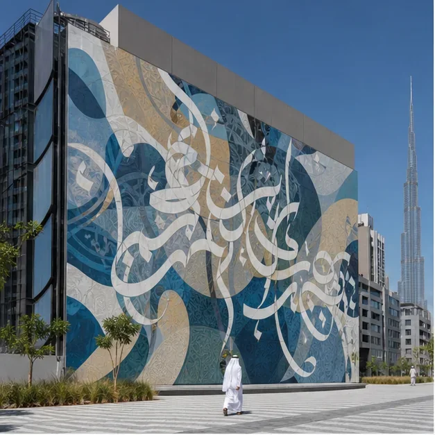 Large commissioned mural on a major architectural wall in the UAE