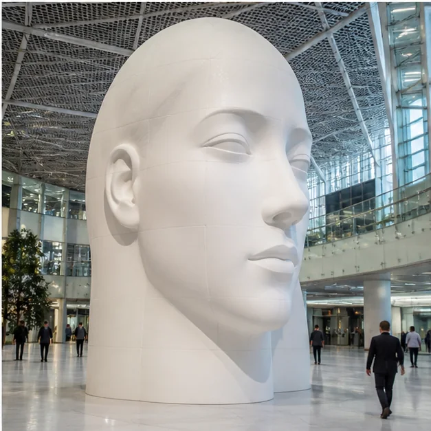 Oversized Styrofoam sculptural form inside a large architectural interior