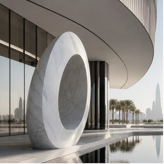 Large marble sculpture integrated into stone architecture, landscape, and water