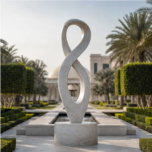Marble sculpture integrated into a formal landscaped garden