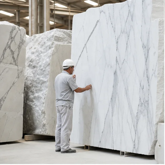 Marble slabs and stone selection in an artisan stone studio