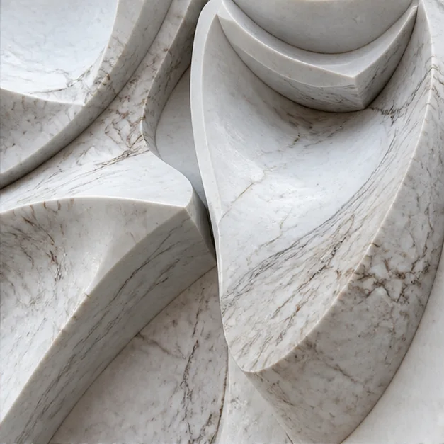 Close-up of marble sculpture detail showing natural veining and carved surface