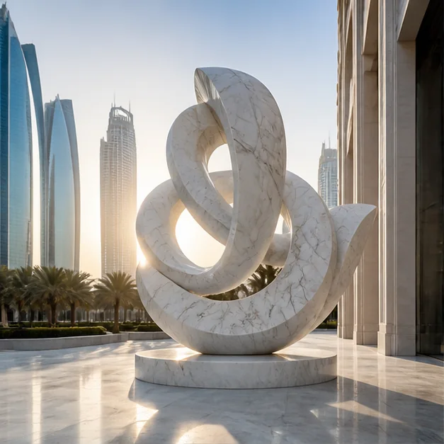 Monumental marble sculpture at a premium UAE architectural entrance