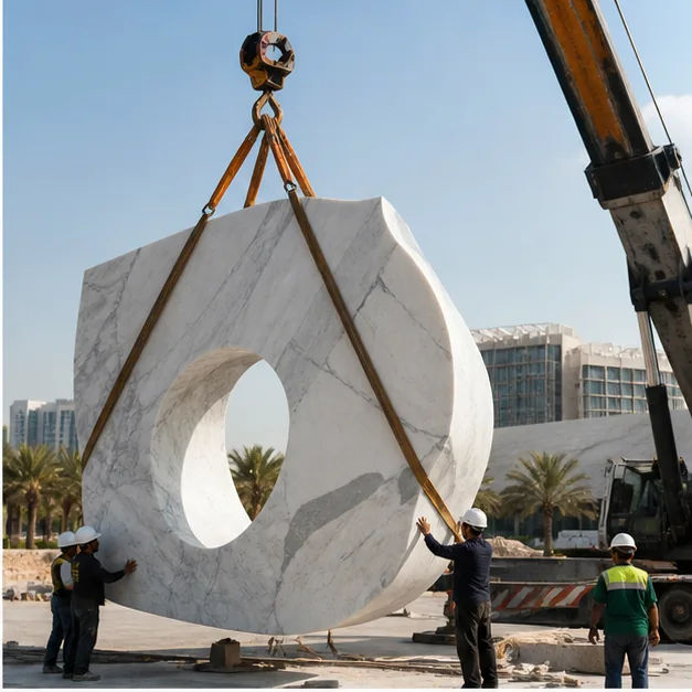 Professional installation of a large marble sculpture with foundation preparation