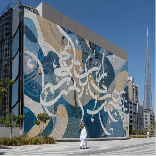 Massive commissioned mural spanning a large contemporary UAE building facade