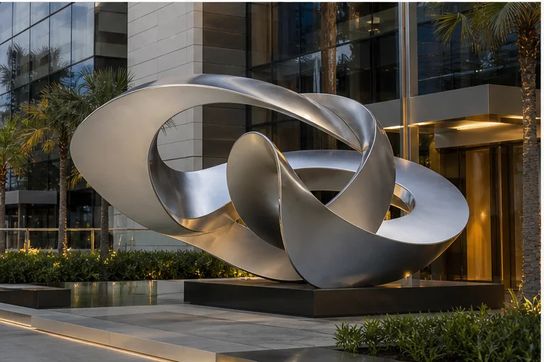 Matte stainless steel sculpture with a soft architectural finish