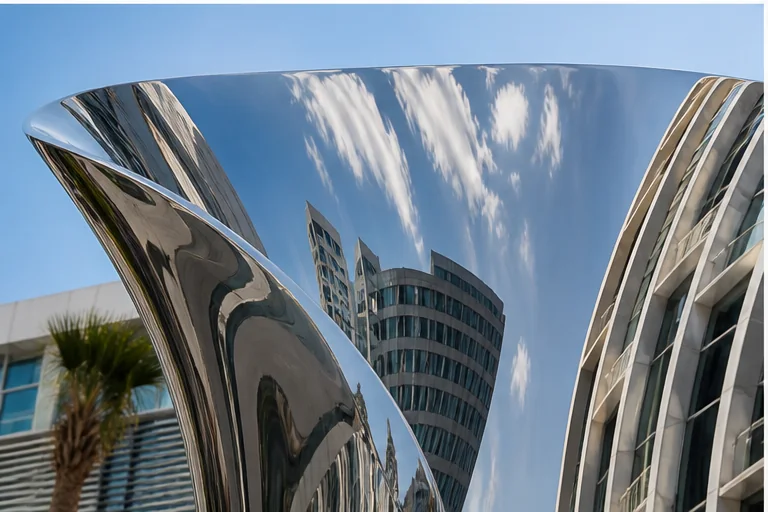 Mirror-polished stainless steel sculpture reflecting surrounding architecture