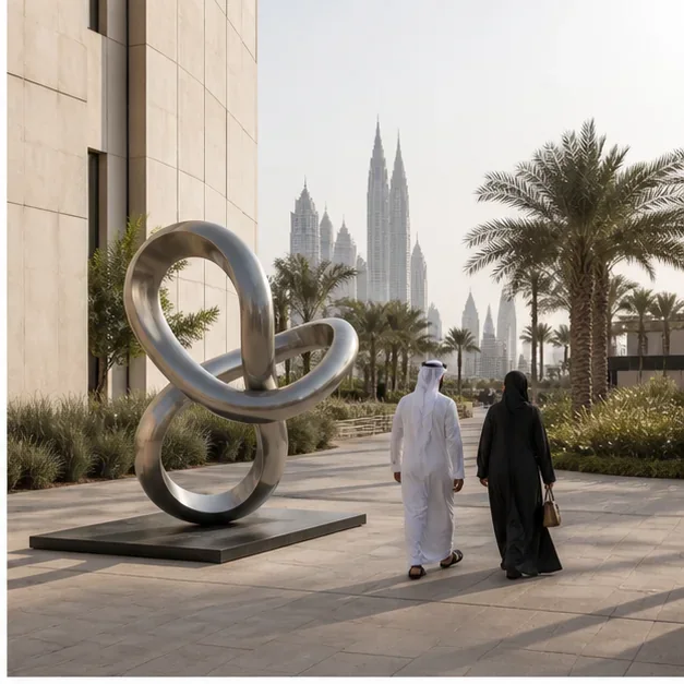 Outdoor sculpture visually connecting architecture, landscape, and people in a UAE development