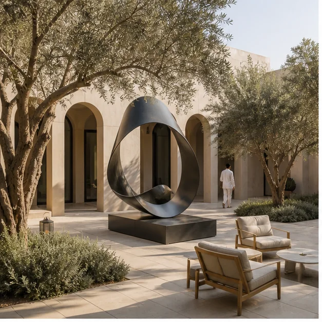 Human-scale outdoor sculpture integrated with planting, seating, and courtyard circulation