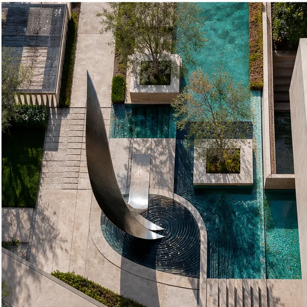 Aerial-style view of sculpture integrated into landscape, paths, planting, and architecture