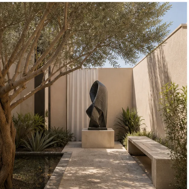 Intimate courtyard sculpture scaled for close landscape experience