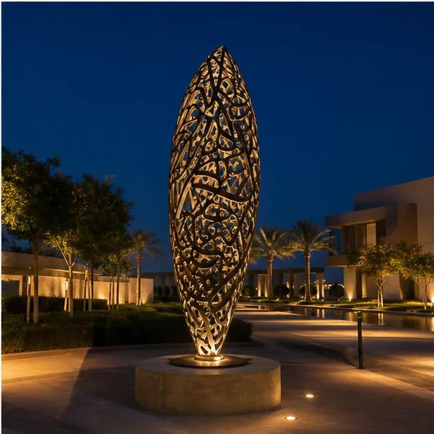 The same conceptual outdoor sculpture with architectural and landscape lighting in the evening