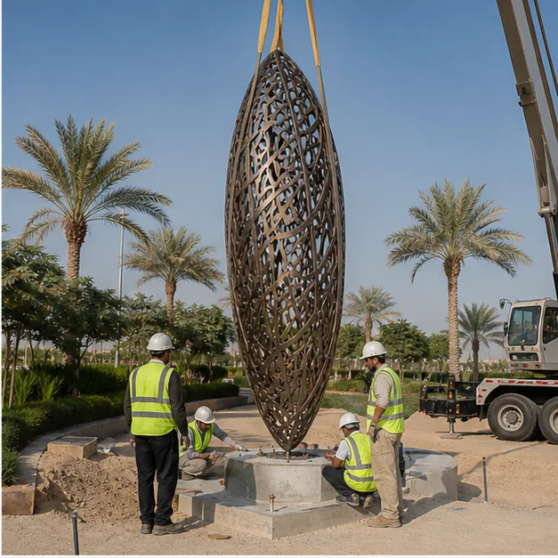 Professional outdoor sculpture installation with prepared foundation in a UAE landscape setting