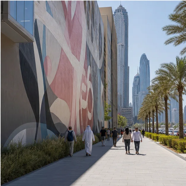 Large outdoor mural in a sunlit UAE urban environment