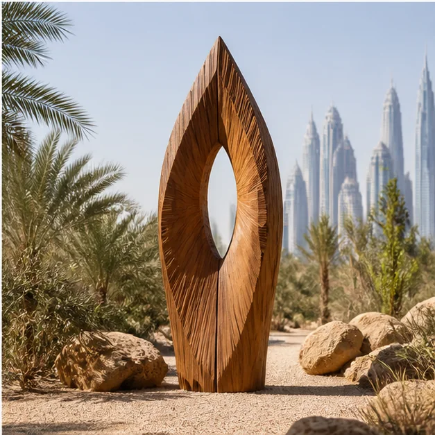Organic wooden sculpture integrated into a landscaped public or resort environment