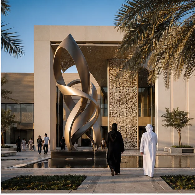 Public artwork integrated into architecture, landscape, and movement within a UAE development