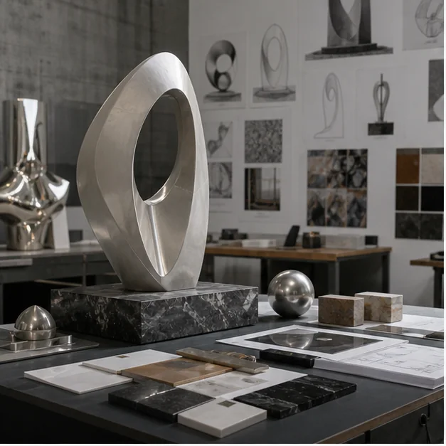 Material samples and fabrication preparation for a public artwork