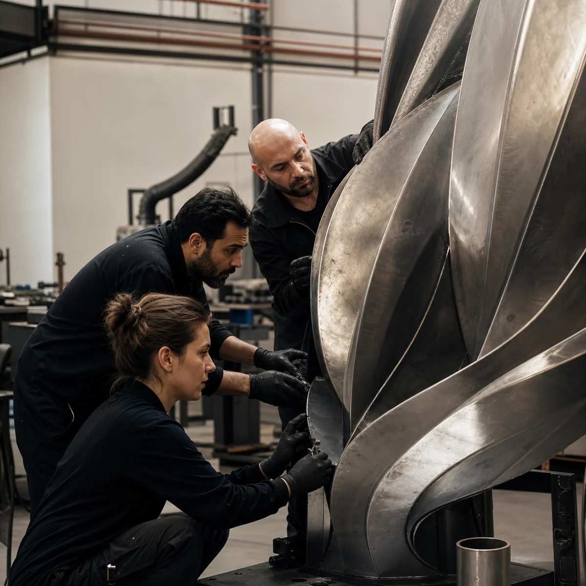 Fabricators and artists working on a large sculpture in a UAE workshop
