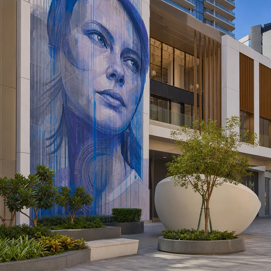 Statement mural and plaza activation in a mixed-use UAE space