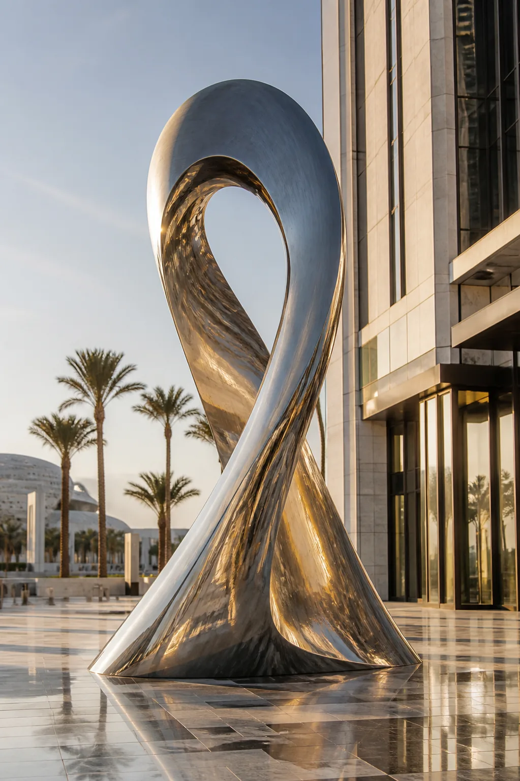 Contemporary stainless steel sculpture installed in a Dubai public plaza