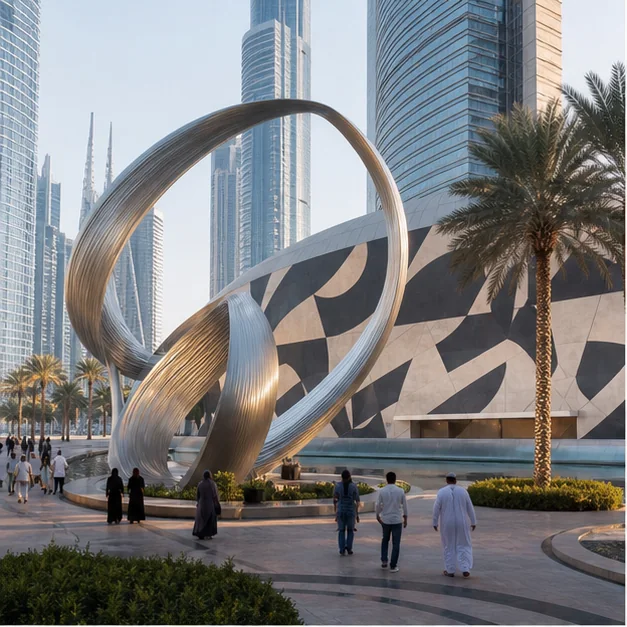 Public art integrated across sculpture, mural, landscape, and architecture in a premium UAE environment