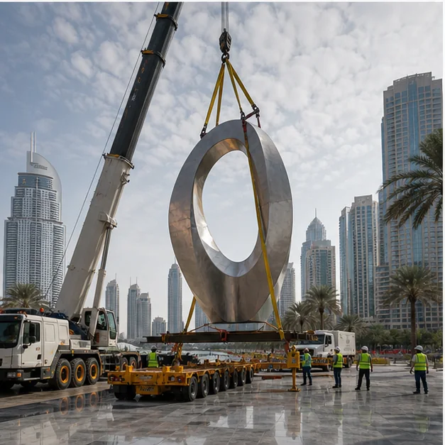 Large-scale public sculpture being installed at a UAE development