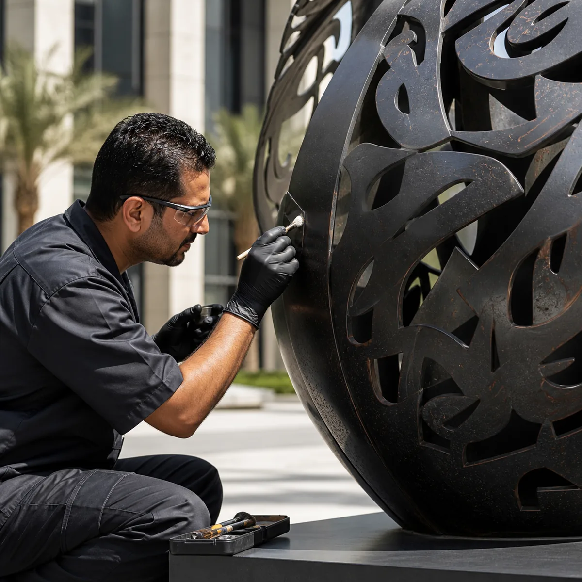 Professional sculpture maintenance in a UAE outdoor setting