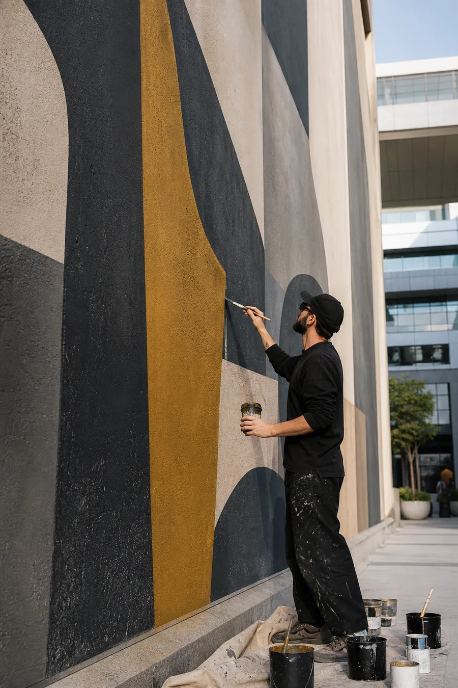 Professional street artist creating a site-specific mural in the UAE