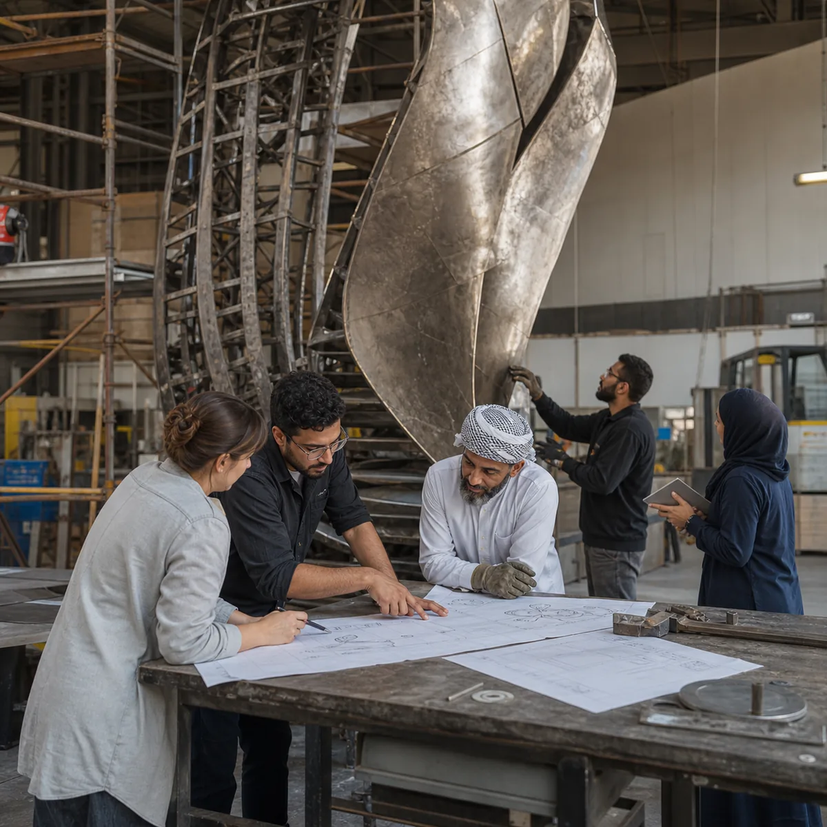 Artists and fabricators collaborating on a large public artwork in a UAE workshop