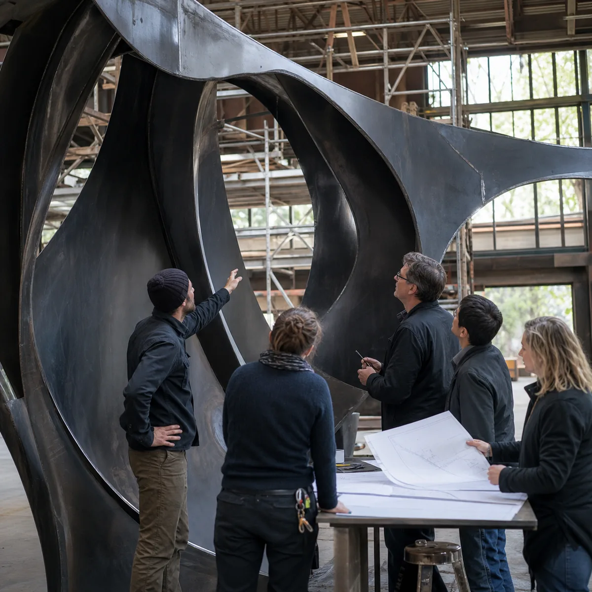Multidisciplinary team reviewing a large sculpture in progress