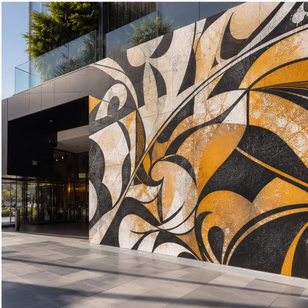 Public-facing street-art mural in a premium commercial environment in the UAE