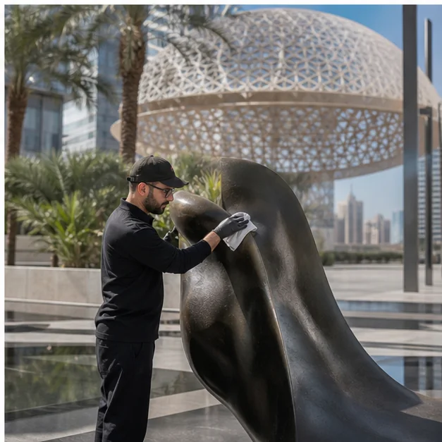 Specialist carrying out ongoing care on a public sculpture