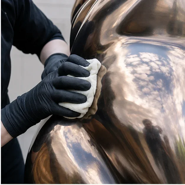 Specialist polishing a sculpture surface with close attention to detail