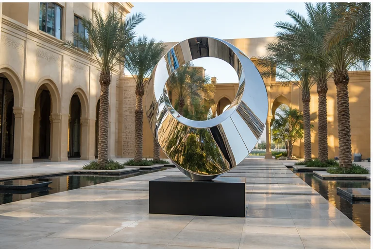 Medium-scale sculpture in a landscape or lobby setting
