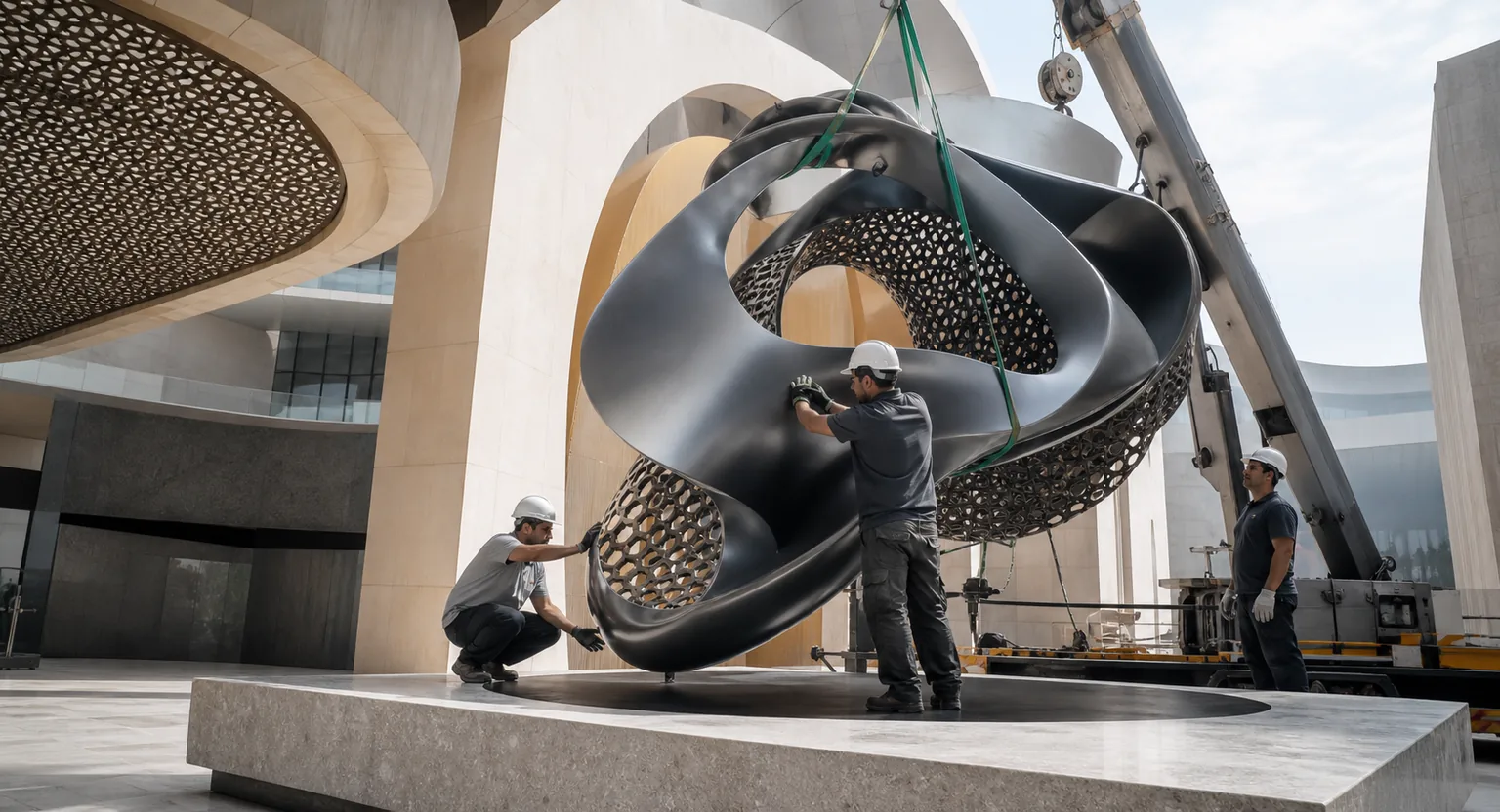 Large-scale public artwork being fabricated and installed in a premium UAE environment